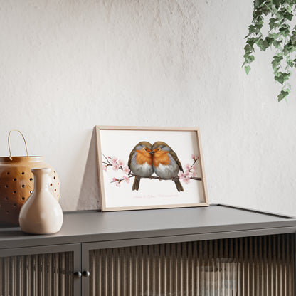 Personalisiertes Wandbild im Holzrahmen – Rotkehlchen-Paar mit Wunschnamen