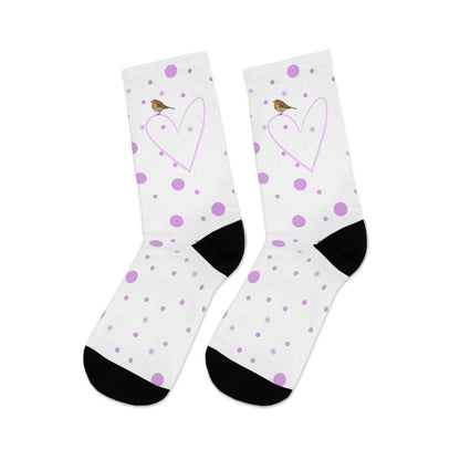 European Robin Valentine's Day Pink Heart and Dots Bird Socks White