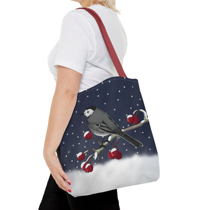 White Wagtail on a Winter Branch Christmas Bird Tote Bag 16"x16"