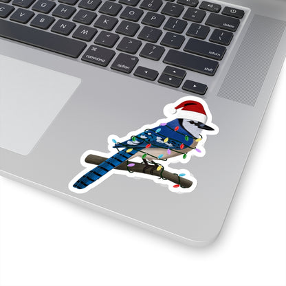 Blue Jay with Fairy Lights and Santa Claus Hat Christmas Bird Sticker