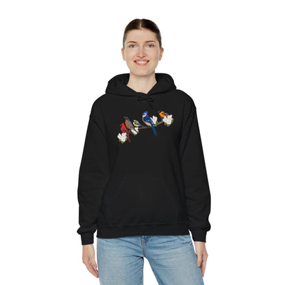 Backyard Birds on a Branch Blue Jay Cardinal Robin Chickadee Oriole Birdwatcher Hoodie