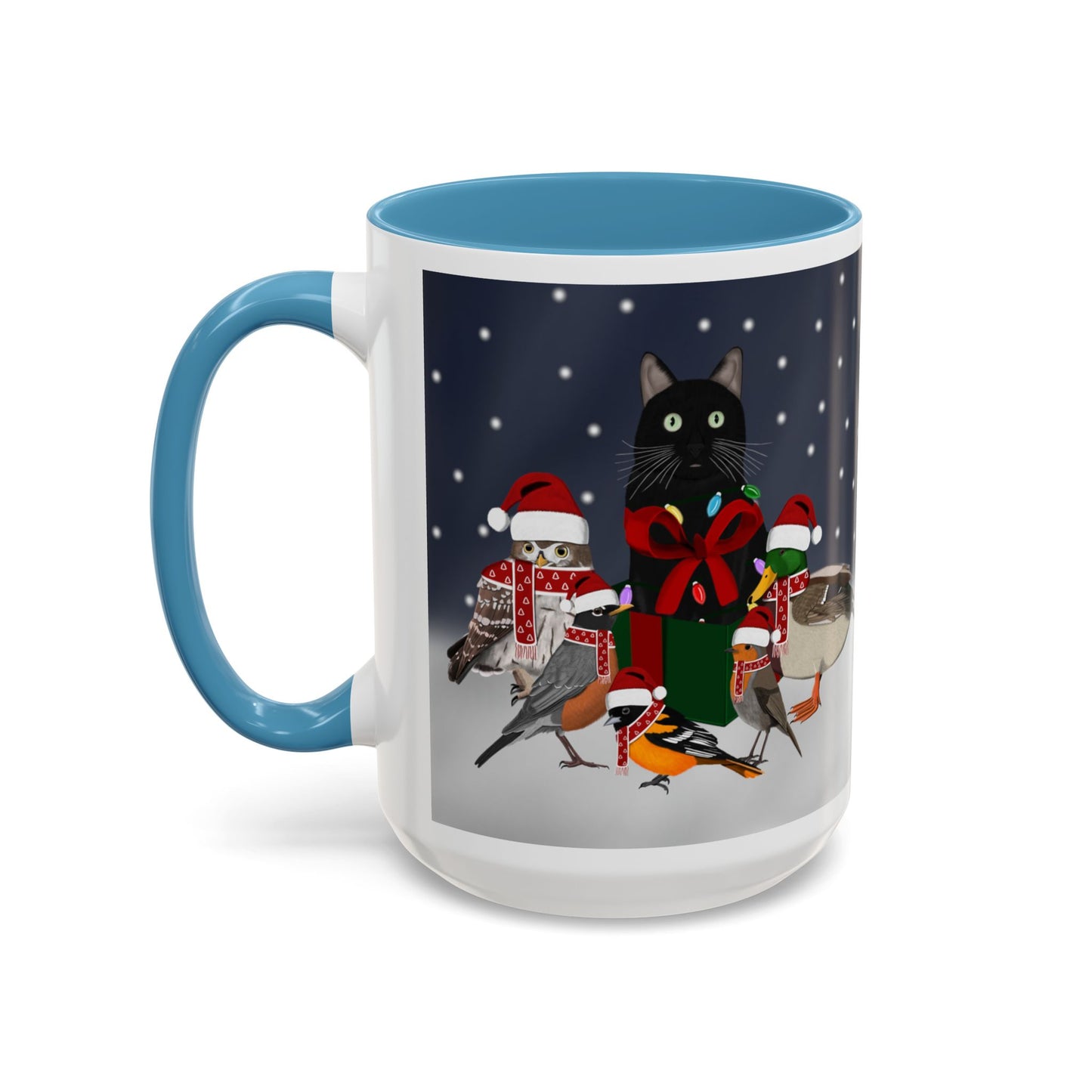 Robin Oriole Mallard Owl and Cat with Christmas Hat and Scarf Snow Bird Coffee Mug