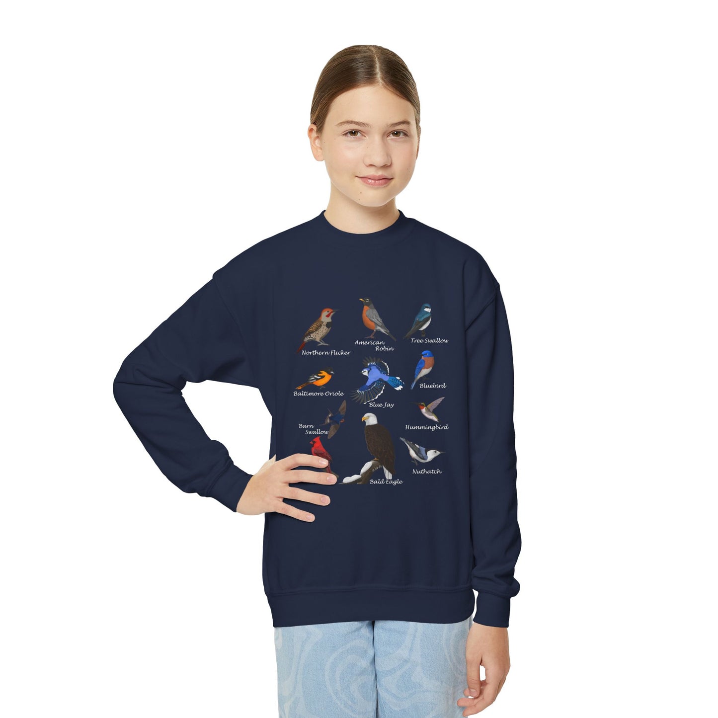 Bald Eagle Blue Jay Bluebird Robin Cardinal Hummingbird Bird Birdwatching Youth Crewneck Sweatshirt