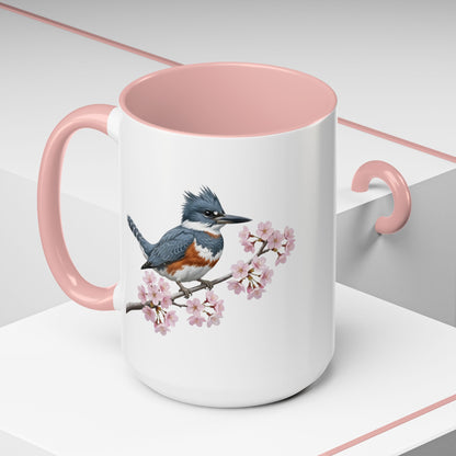 Belted Kingfisher Cherry Blossom Mug | Pink Ceramic Coffee Cup for Bird Lovers