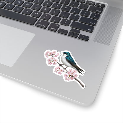 Tree Swallow Cherry Blossom Sticker | Glossy Floral Bird Decal | Spring Laptop Sticker