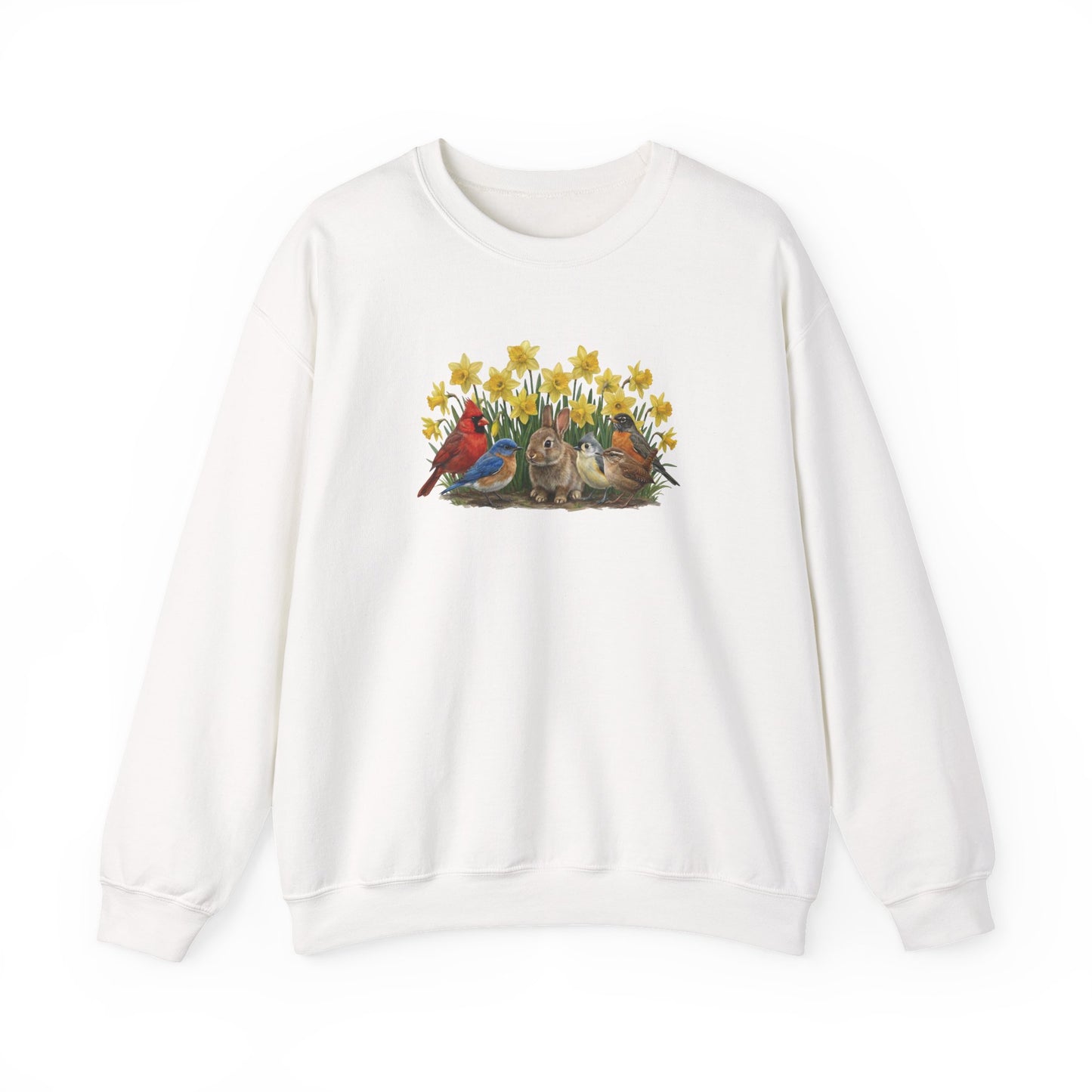 Spring & Easter Sweatshirt – Bunny, Cardinal & Bluebird | Cozy Bird Lover Crewneck
