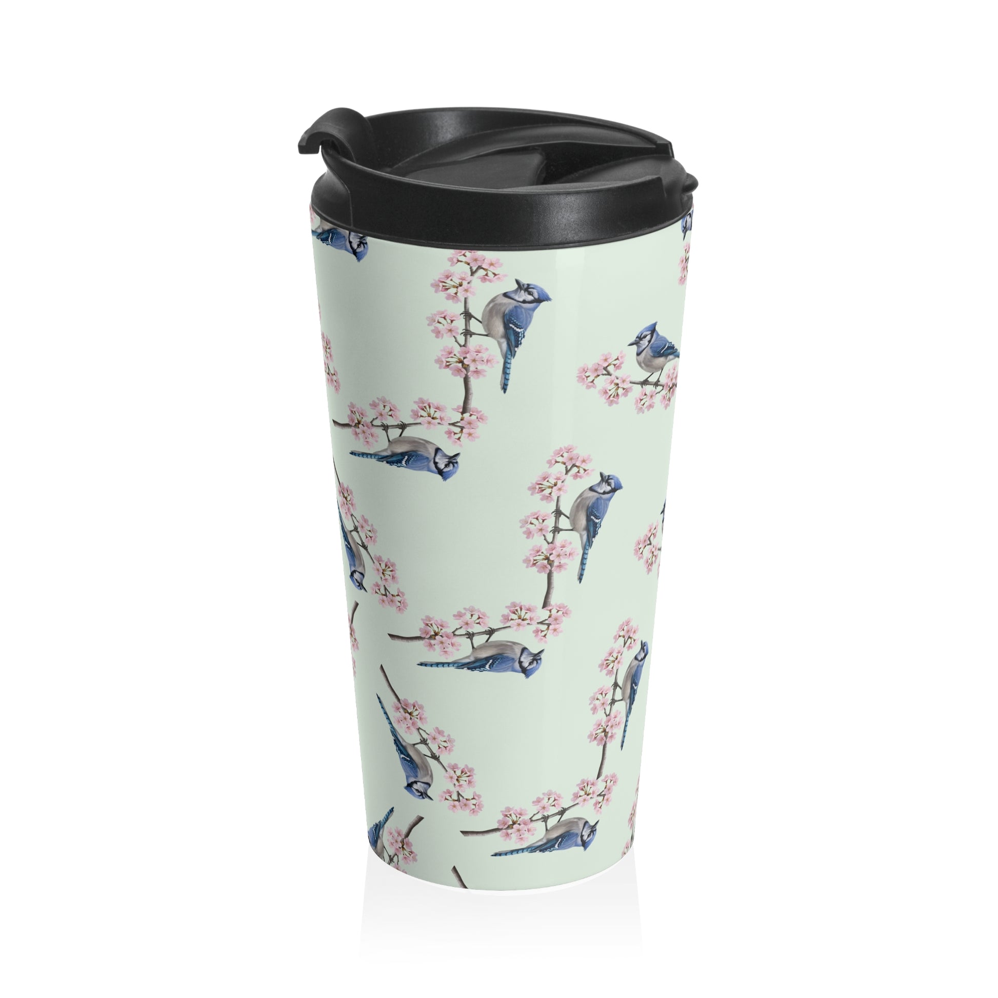 Blue Jay Tumbler – & Cherry Blossom Travel Sage Green | 15oz Birdwatching Coffee Mug