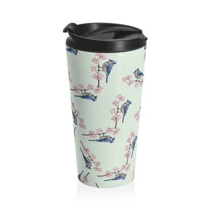Blue Jay Tumbler – & Cherry Blossom Travel Sage Green | 15oz Birdwatching Coffee Mug