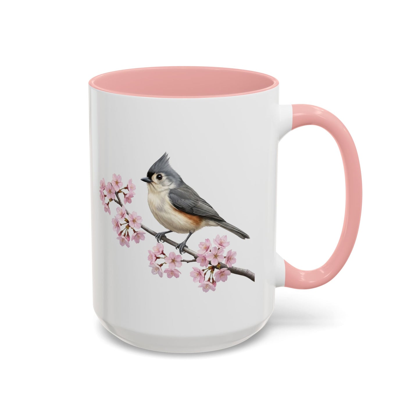Tufted Titmouse Cherry Blossom Mug | Pink Ceramic Coffee Cup for Bird Lovers