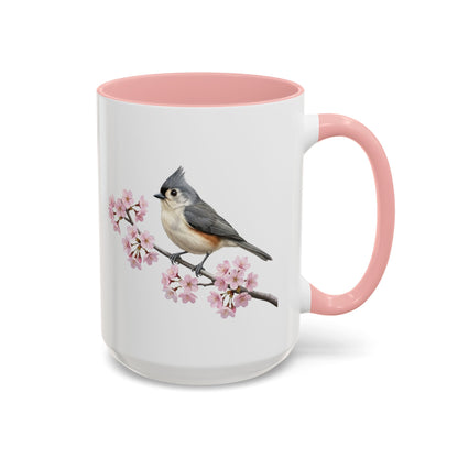 Tufted Titmouse Cherry Blossom Mug | Pink Ceramic Coffee Cup for Bird Lovers
