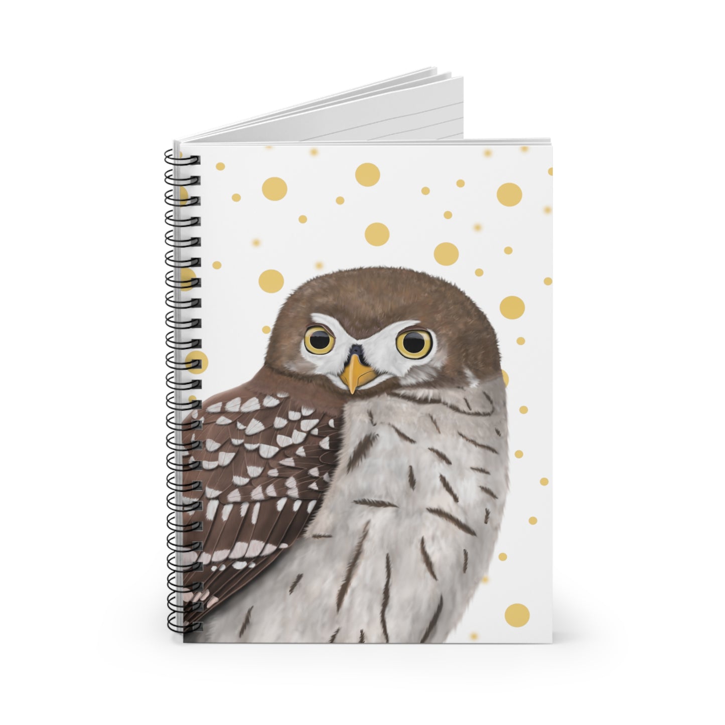 Owl Bird Birdlover Spiral Notebook White Golden Dots Ruled Line 6"x8"