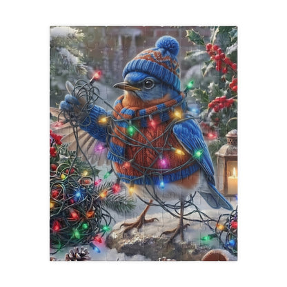 A square puzzle featuring a bluebird dressed in a blue knit hat and matching scarf, surrounded by snowy winter trees, red berries, and multicolored string lights.