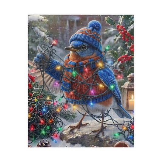 A square puzzle featuring a bluebird dressed in a blue knit hat and matching scarf, surrounded by snowy winter trees, red berries, and multicolored string lights.