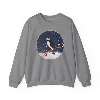 Puffin on a Winter Branch Birdwatcher Christmas Bird Sweatshirt