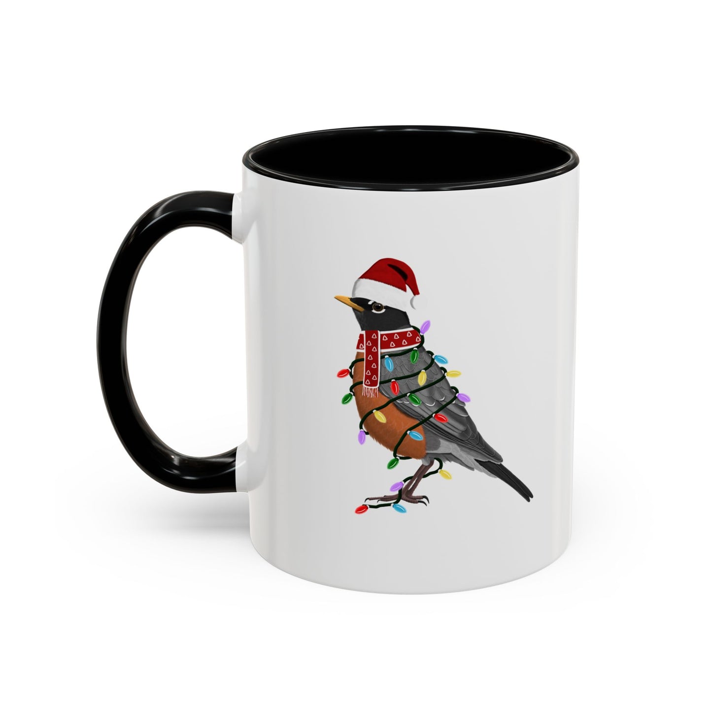 American Robin as Santa with Fairy Lights Ceramic Bird Coffee Mug – Custom Gift for Bird Watchers