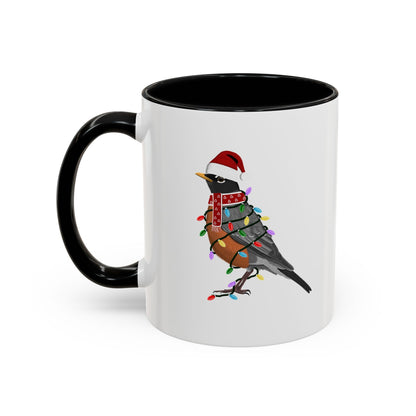 American Robin as Santa with Fairy Lights Ceramic Bird Coffee Mug – Custom Gift for Bird Watchers