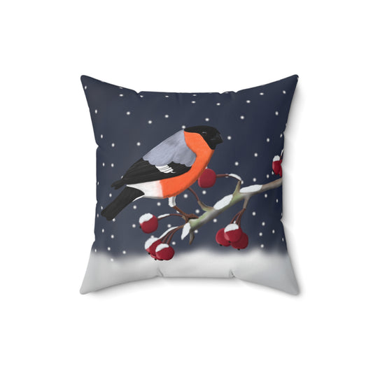 Bullfinch on a Winter Branch Christmas Bird Pillow