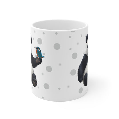Eisvogel mit einem fröhlichen Panda Vogel Tiermotiv Tasse Punkte Grau