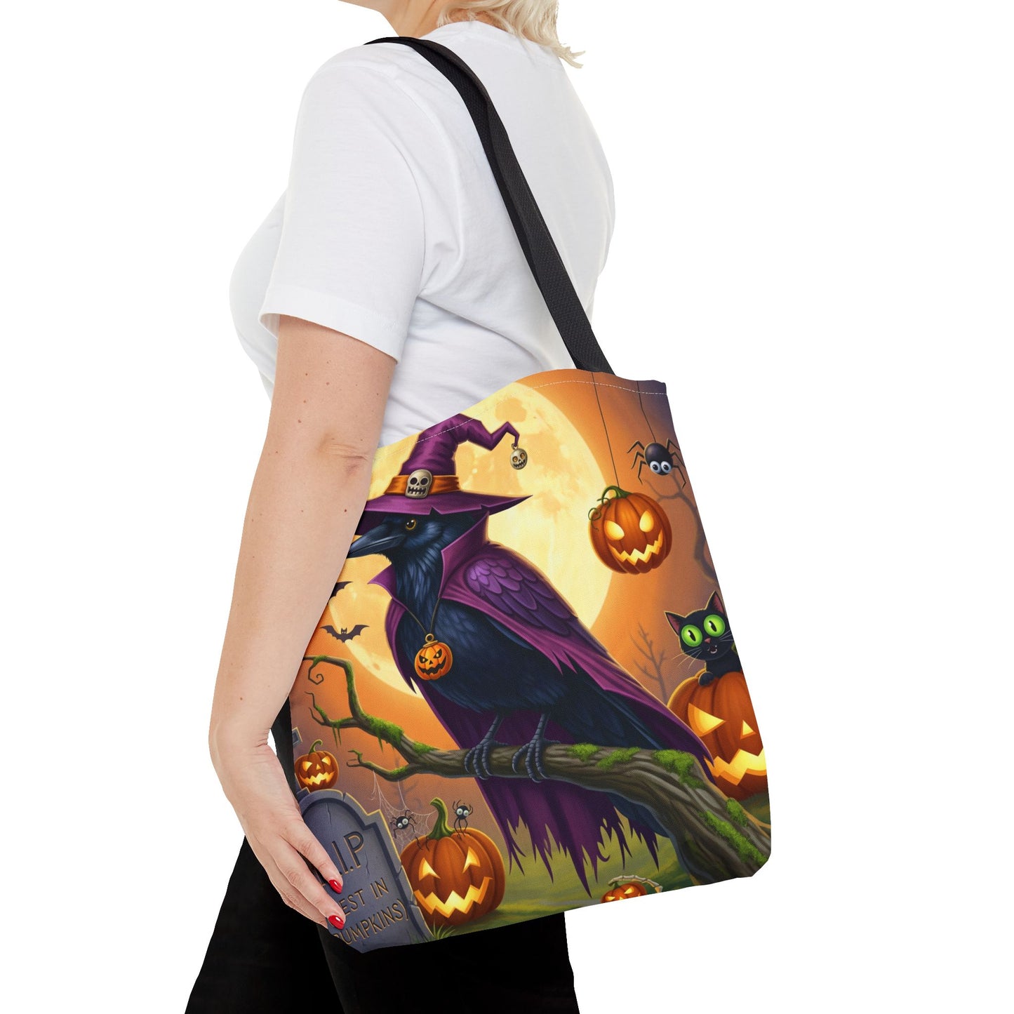 Halloween Raven Tote Bag: Purple Cape & Witch Hat | 16"x16" Polyester | Bird Decor Accessory