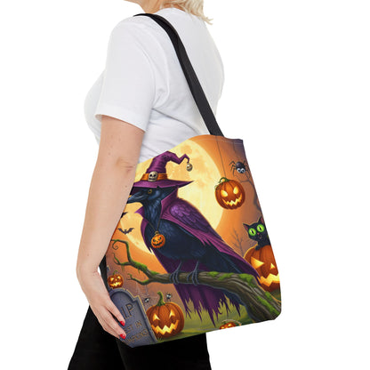 Halloween Raven Tote Bag: Purple Cape & Witch Hat | 16"x16" Polyester | Bird Decor Accessory