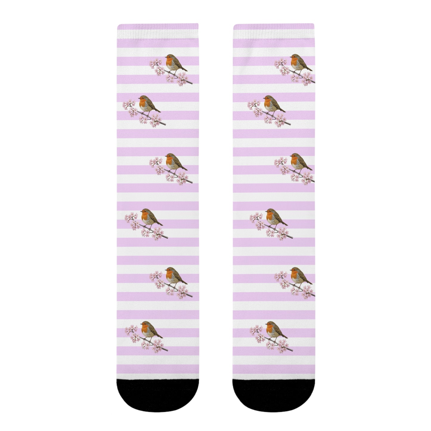 Chaussettes Rouge-Gorge avec fleurs de cerisier | Chaussettes rayées blanc et rose avec des motifs d'oiseaux