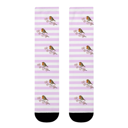 Chaussettes Rouge-Gorge avec fleurs de cerisier | Chaussettes rayées blanc et rose avec des motifs d'oiseaux