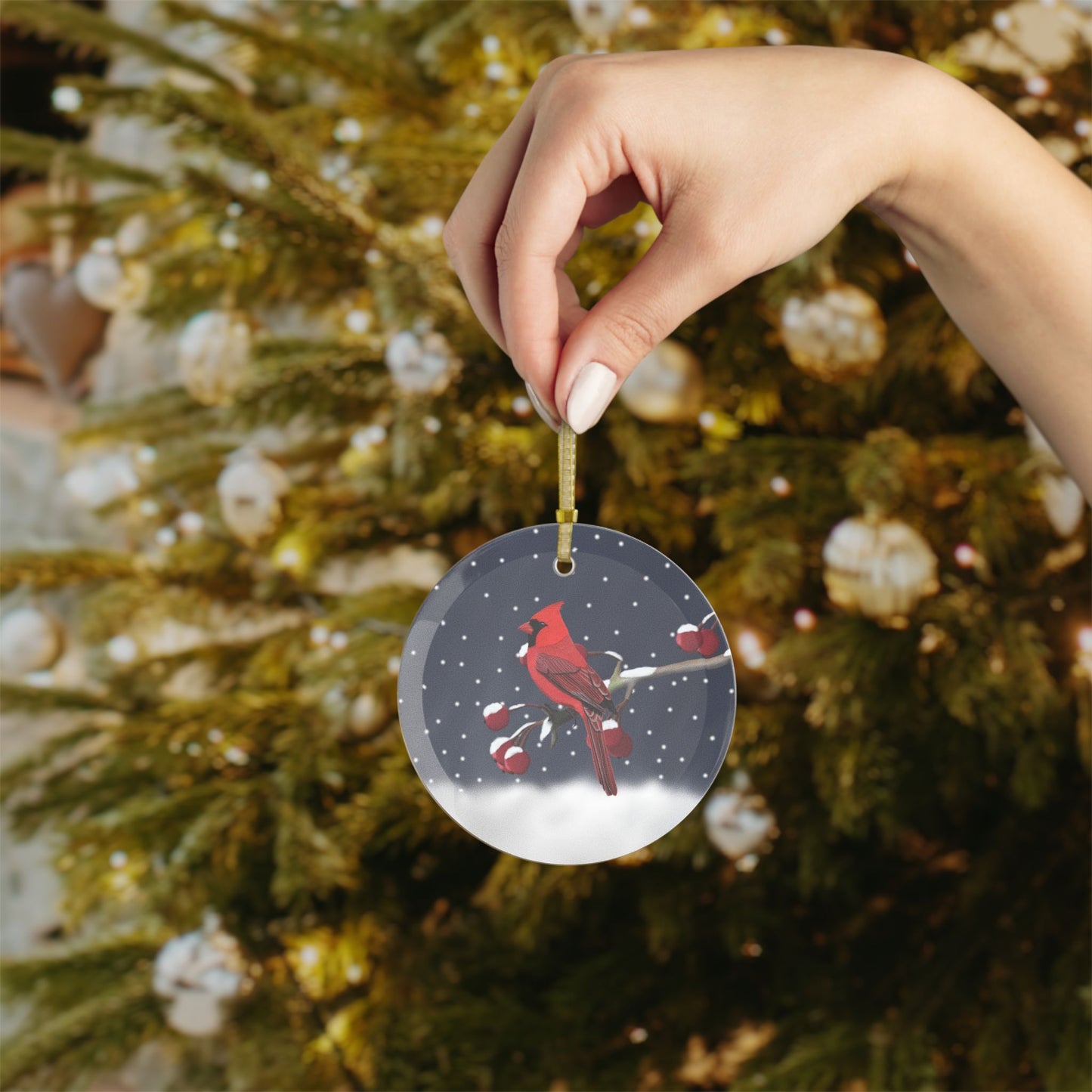 Cardinal on a Winter Branch Christmas Bird Glass Ornament