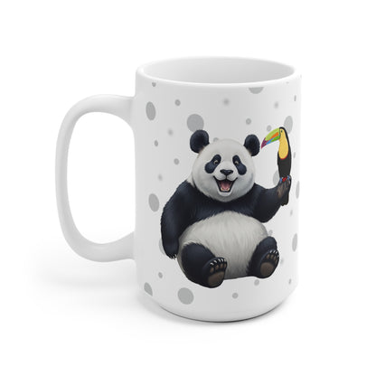 Tukan mit einem fröhlichen Panda Vogel Tiermotiv Tasse Punkte Grau