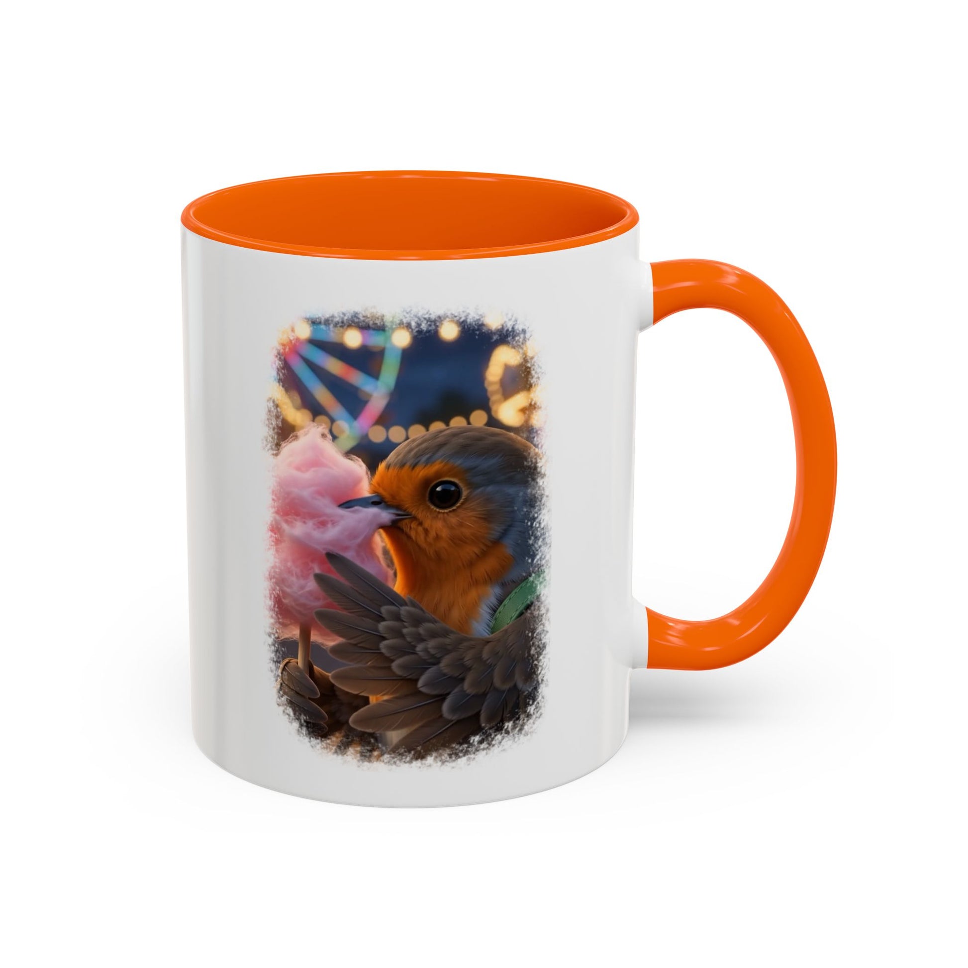 A white ceramic mug with a bright orange handle and interior, featuring a printed graphic of a robin bird holding pink cotton candy on the front.