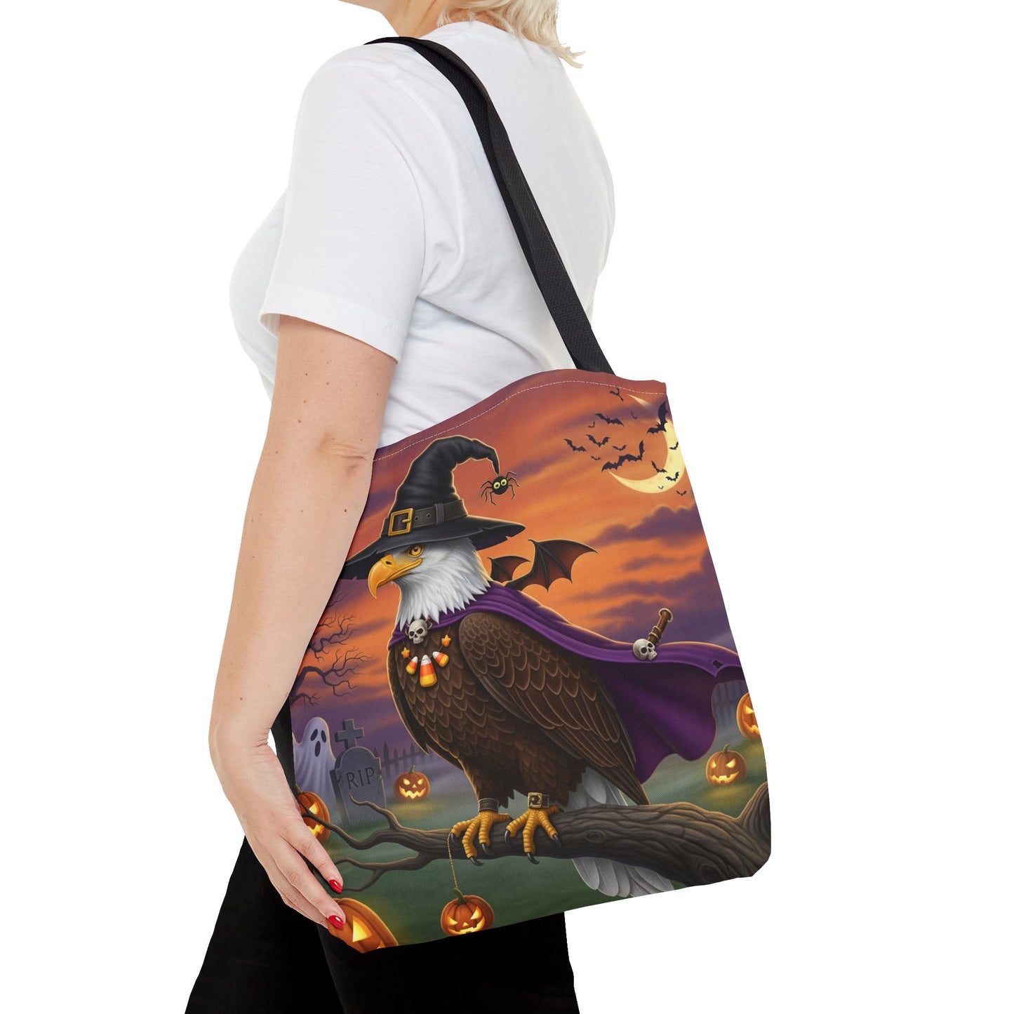 Halloween Bald Eagle Tote Bag: Purple Cape & Witch Hat | 16"x16" Polyester | Bird Decor Accessory