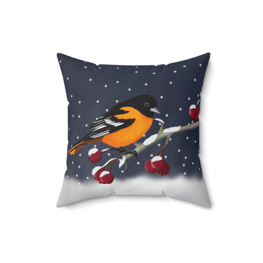 Baltimore Oriole on a Winter Branch Christmas Bird Pillow