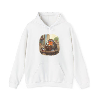 Rotkehlchen liest Bücher und trinkt Kaffee Vogel Hoodie - Kapuzenpullover für Vogelbeobachter mit Vogelmotiv