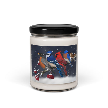 Robin Blue Jay Cardinal Bluebird Wren on a Winter Branch Christmas Bird Art Scented Soy Candle, 9oz