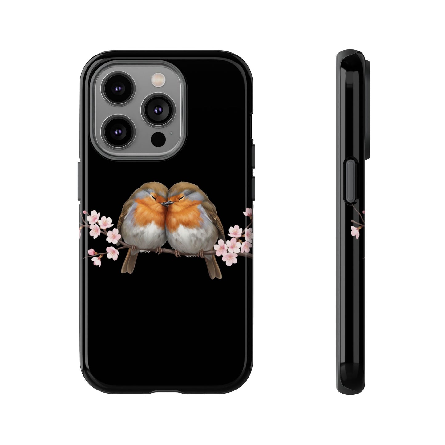 Rotkehlchen mit Kirschblüten Premium Handyhülle – Doppelt Geschützt & Rundum Bedruckt Schwarz