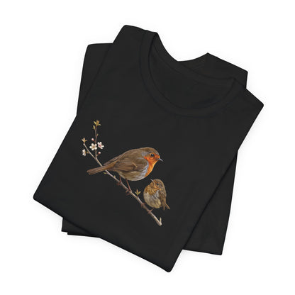 European Robin & Fledgling T-Shirt | Spring Blossoms Unisex Graphic Tee