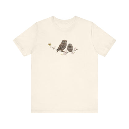 Little Owl & Fledgling T-Shirt | Spring Blossoms Unisex Graphic Tee