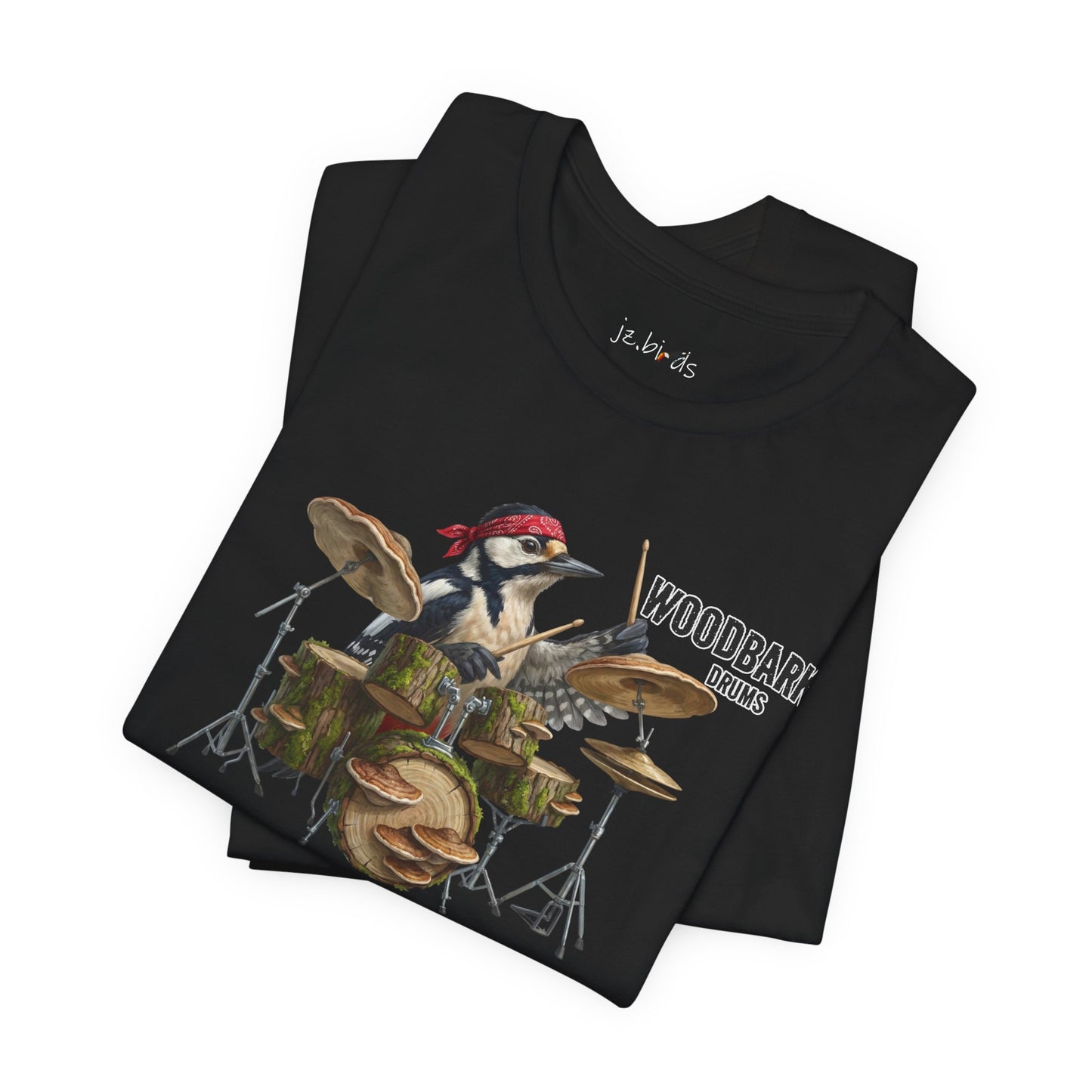 The Woodbarker Graphic Tee – Woodpecker Drummer – Funny Rock Band Bird Shirt