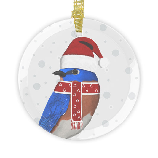 Bluebird as Santa Claus Christmas Glass Ornament