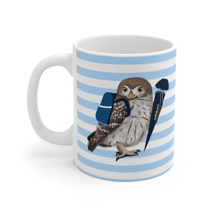 Eule Vogel Tasse als Geschenk zur Einschulung Blau Weiß