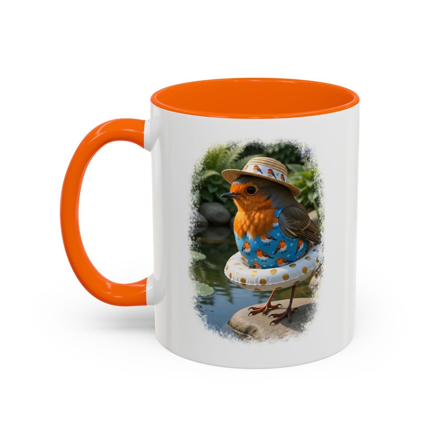 Rosi Rotkehlchen am Gartenteich Keramiktasse – Kaffeebecher mit farbigem Henkel