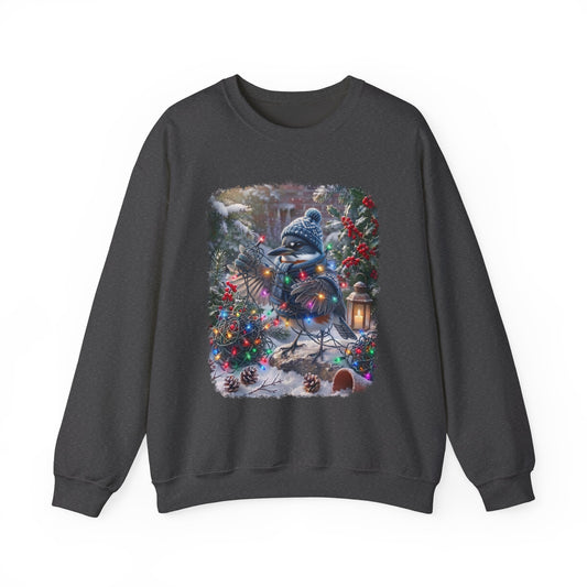 A dark gray crewneck sweatshirt featuring a large, colorful graphic print on the front of a snowy winter scene with a belted kingfisher, Christmas lights, and pinecones.