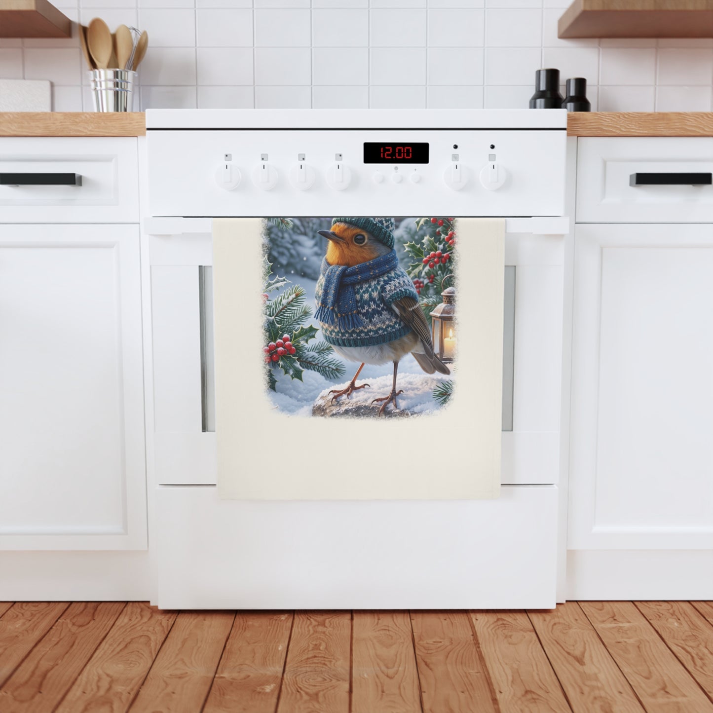 Premium Geschirrtuch Rosi Rotkehlchen im kuscheligen Winter-Outfit (50 x 70 cm)