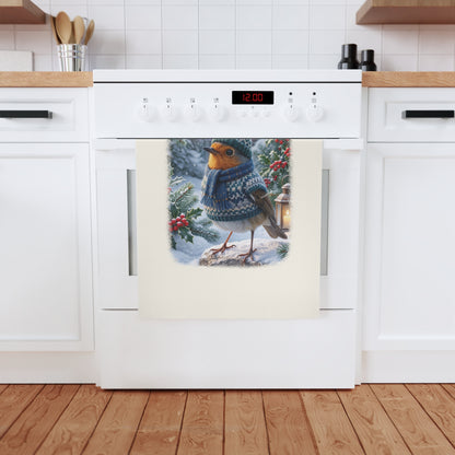 Premium Geschirrtuch Rosi Rotkehlchen im kuscheligen Winter-Outfit (50 x 70 cm)