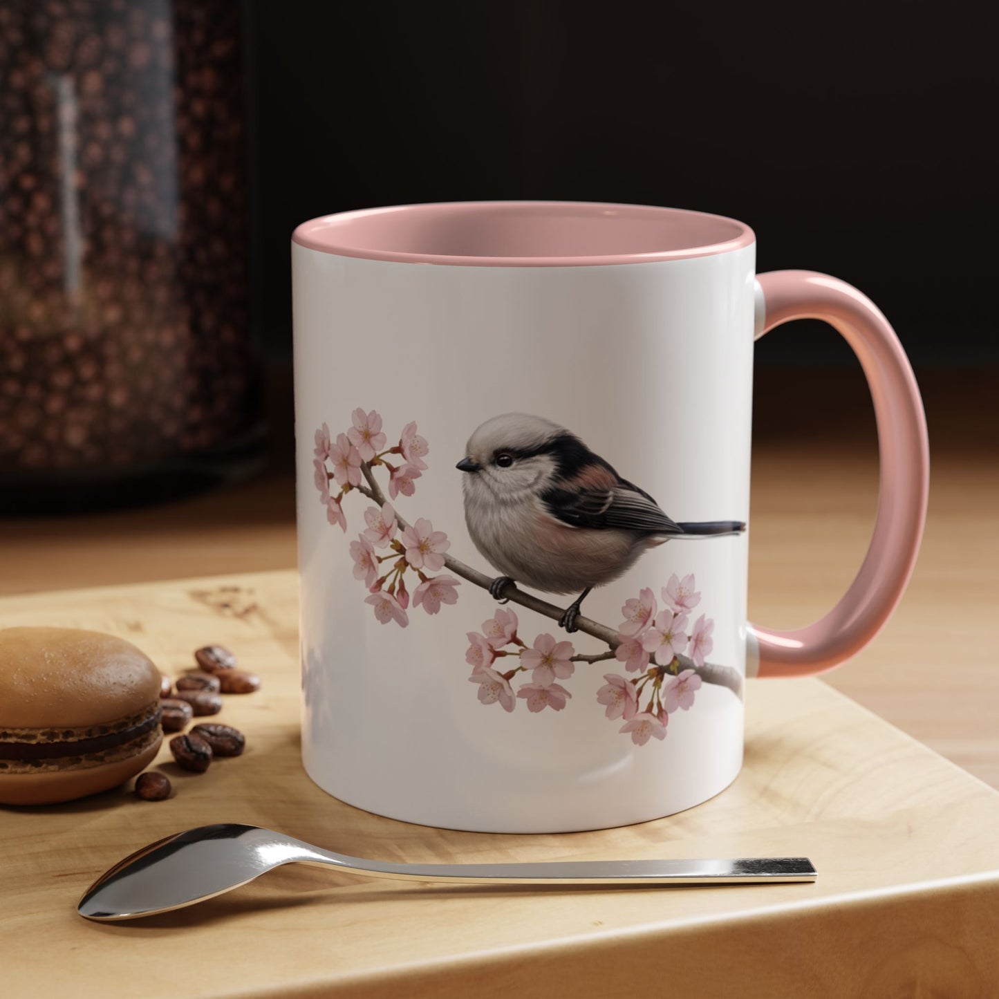 Schwanzmeise Tasse mit Kirschblüten | Rosa Keramiktasse für Vogelfreunde