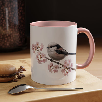 Schwanzmeise Tasse mit Kirschblüten | Rosa Keramiktasse für Vogelfreunde