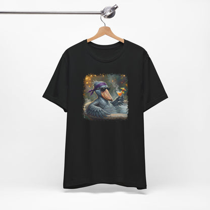 Funny Shoebill T-Shirt | Bird with Sunglasses & Drink | Unisex Summer Tee