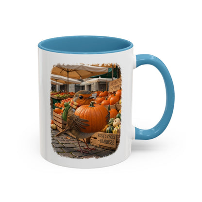 Premium Keramiktasse Rosi Rotkehlchen & der Riesen-Kürbis | 330 ml | Lustiges Geschenk für Vogelfreunde