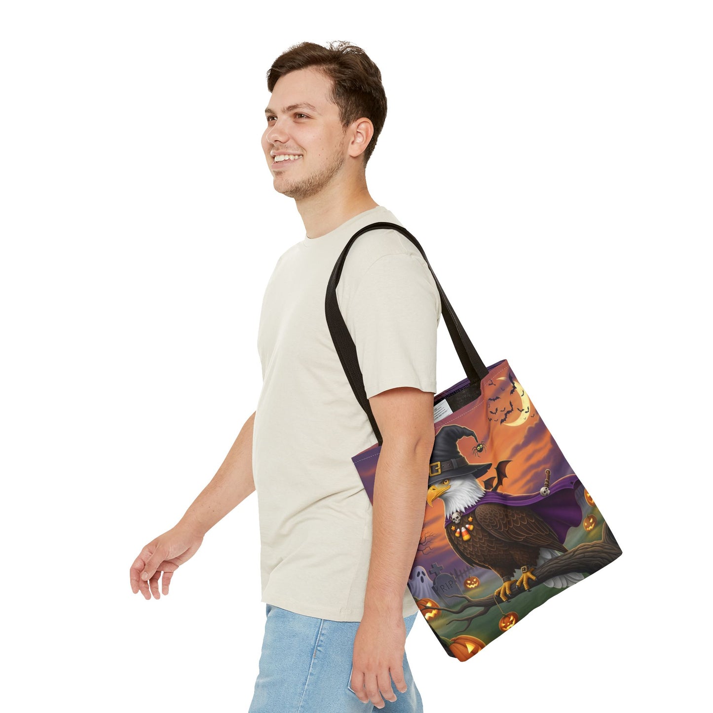 Halloween Bald Eagle Tote Bag: Purple Cape & Witch Hat | 16"x16" Polyester | Bird Decor Accessory