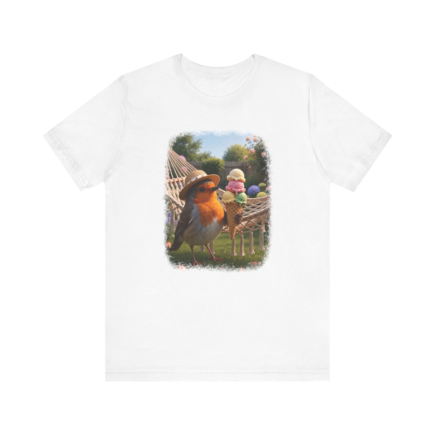Robin Rosi Ice Cream in the Garden Premium T-Shirt for Bird Lovers