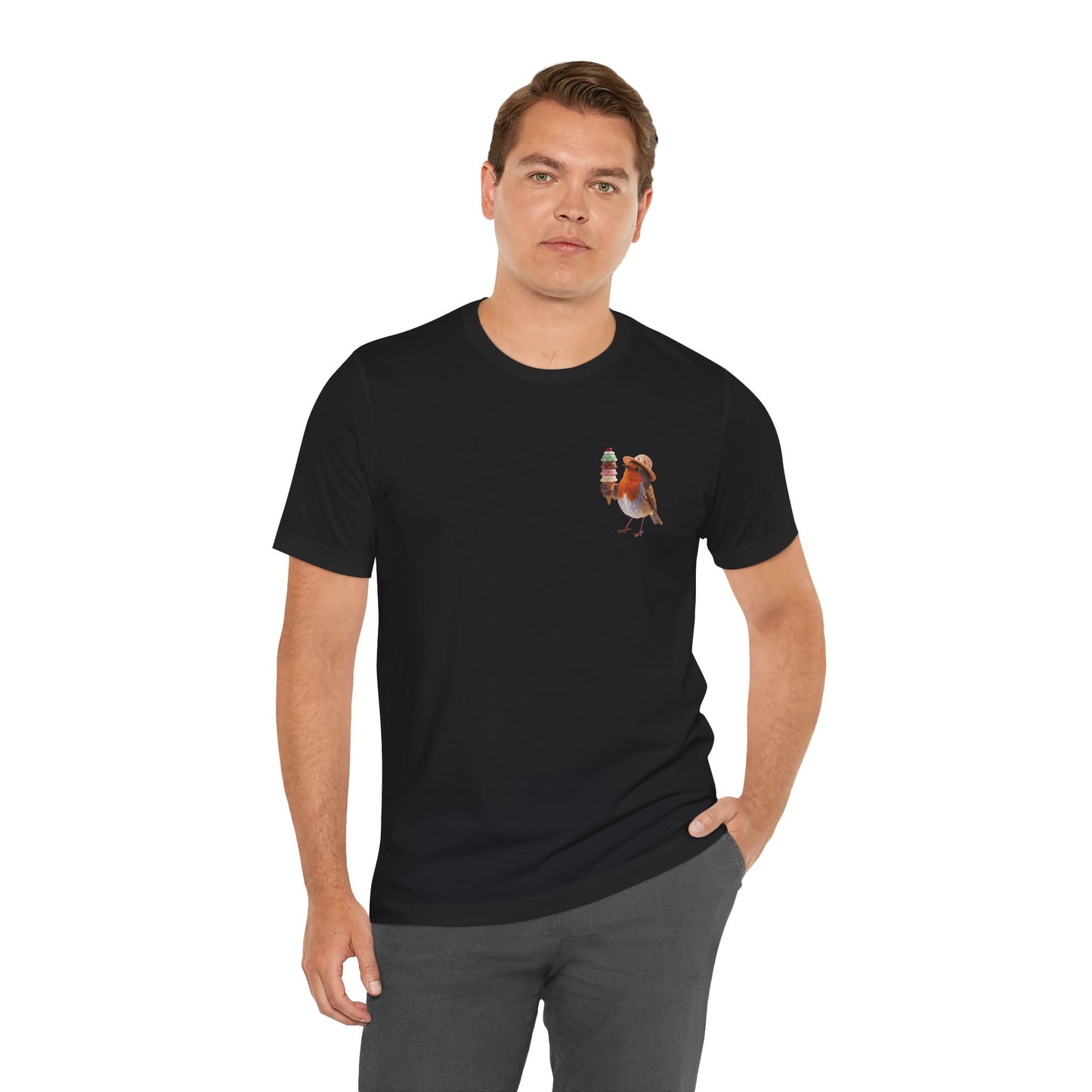 Robin Rosi with Ice Cream Premium T-Shirt – Subtle Pocket Design for Bird Lovers